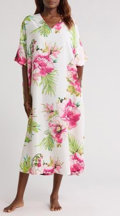 Natori Sonomi Floral Matte Satin Caftan Nightgown in White Multi at Nordstrom, Size Medium