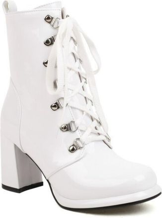 Generic Womens Chunky High Heel Platform Boots Lace Up Short Boots with Side Zipper Round Toe Patent Leather Ankle Boot,White,5.5 UK