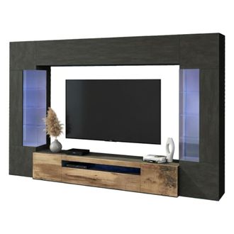 Dmora Pared Equipada Dberard, Conjunto De Sal&oacute;n Mueble Tv Con 6 Puertas, Mueble De Sal&oacute;n Polivalente Con Luz Led, 100% Made In Italy, Cm 290x40h191, Antraci