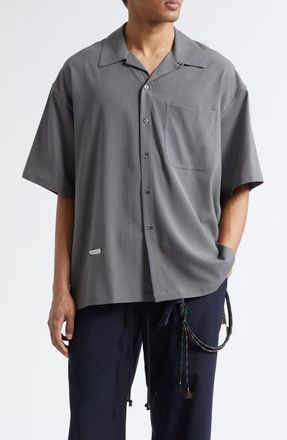 Song for the Mute Gym Pinstripe Gabardine Camp Shirt in Grey at Nordstrom, Size 38 Us