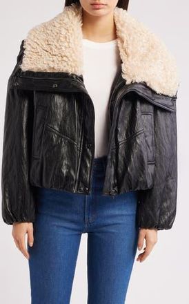 Mango Faux Leather Jacket with Faux Shearling Collar in Black at Nordstrom Rack, Size Large