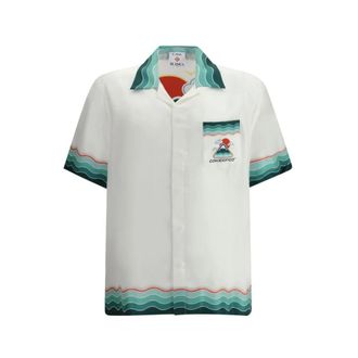 Casablanca Short Sleeve Shirts, male, White, M, Wave-Patterned Silk Shirt
