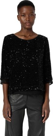 Gerard Darel Alienor Sequin 3/4 Sleeve Voile Trim Top in Black at Nordstrom, Size 10