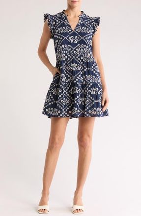 Gibsonlook Flutter Sleeve Cotton Eyelet Minidress in Navy Eyelet at Nordstrom, Size X-Large