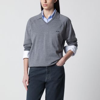 Miu Miu Grey wool polo sweater with intarsia logo