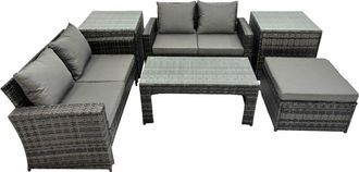 Fimous Outdoor Love Sofa Set 5 Seat Rattan Garden Furniture Set with Oblong Coffee Table Big Footstool 2 Side Table Dark Grey Mixed - Fimous