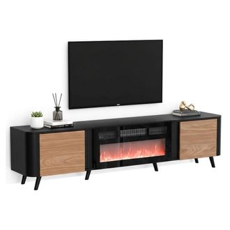 Dmora Mueble De Tv Vicino, Aparador De Sal&oacute;n Con Dos Puertas Batientes Y Chimenea El&eacute;ctrica, Elevado Del Suelo, 191x40 H58 Cm, Negro Y Nogal