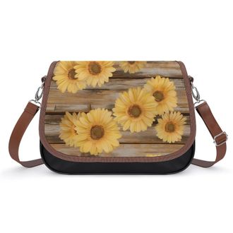 Generic Yellow Daisy Flower Wood Crossbody Bags for Women Fashion Leather Shoulder Handbags With Adjustable Strap