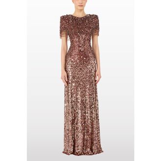 Jenny Packham Eugenie Sequin Fringed Maxi Dress in Bronze at Nordstrom, Size 12 Uk