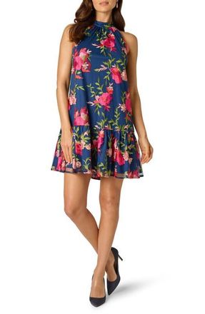 Adrianna Papell Embroidered Floral Mock Neck Minidress in Navy/pink Multi at Nordstrom, Size 10