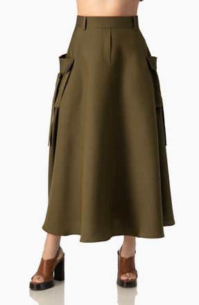 Ivonne Cargo A-Line, High-Waist Pocket Midi Skirt in Structured Twill in Olive Green at Nordstrom, Size 14