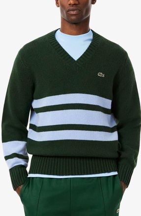 Lacoste Classic Stripe Wool V-Neck Sweater in Sinople/Overview at Nordstrom, Size 3