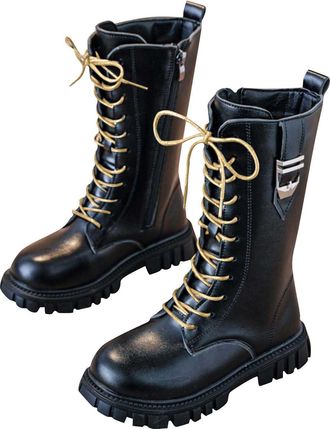 Generic Girls Lace-Up Mid Calf Combat Boots with Side-On Zipper Round Toe Water Proof Comfortable Warm Shoes Chunky Heel Non-Slip Casual Punk Goth Riding Walk