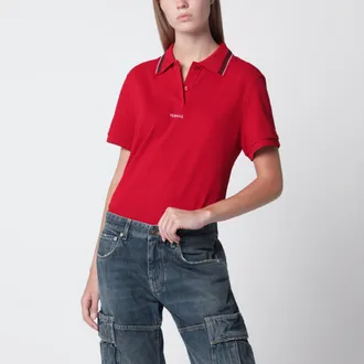 Versace Polo in piqu&eacute; di cotone con logo ricamato rosso lipstick