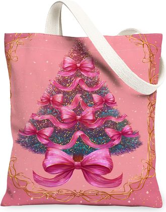 Generic Christmas Tree Canvas Tote Bags, Holiday Floral Design Lightweight Washable Reusable Grocery Bags for Shopping, Travel, Bea, Peach, 13x15 Inch