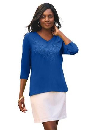 Jessica London Stretch Cotton Embroidered Tee in Sapphire Floral Embroidery at Nordstrom, Size Large
