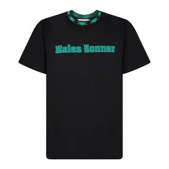 Wales Bonner Wales Bonner, Tops, Heren, Zwart, S, Katoen, Zwart T-shirt met Teal Logo