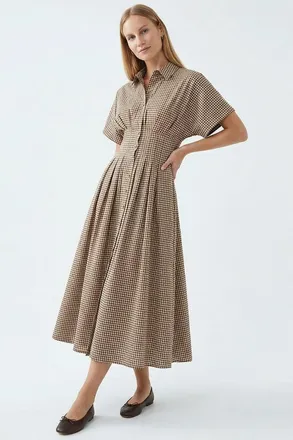 Exquise Tailored Defined Waist Check Print Shirt Dress in Cream-Mink at Nordstrom, Size Xx-Large