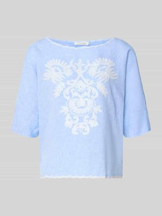 Christian Berg Blusenshirt mit Leinen-Anteil und Motiv-Stitching in Hellblau, Gr&ouml;&szlig;e 34