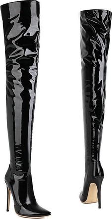 Generic Womens Patent Leather Stretch Thigh High Boots Side Zipper Pointed Toe Stiletto Heels Over The Knee Party Club Shoes (Black,7.5)