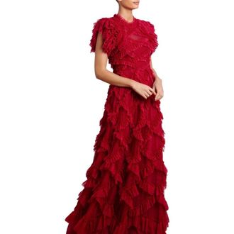 Needle & Thread Genevieve Ruffle Short Sleeve Maxi Gown in Deep Red/fuchsia at Nordstrom, Size 10