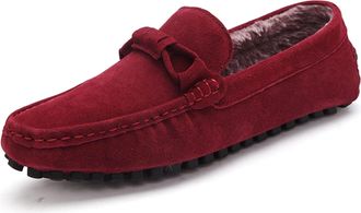 Generic Mens Loafers Genuine Leather Stitching Details Bow Round Toe Suede Vamp Faux Fur Lined Warm Flexible Anti-Slip Resistant Comfortable Driving Walking(R