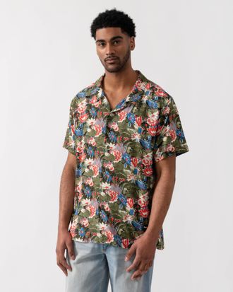 Boss Orange by Hugo Boss Mens Beach Shirt Short Sleeve - Floral in Dark Green viscose - Size X-Large