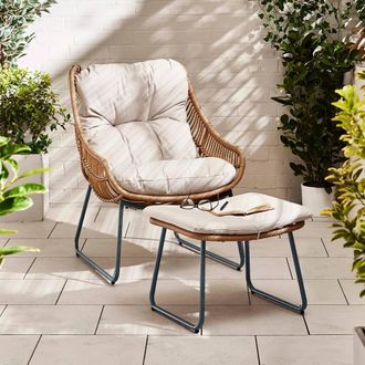 Furniturebox Tahiti Wicker Style PE Rattan Outdoor Garden Chair + Footrest, Greige Cushions, Wicker Style Chair in Light Beige