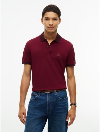 Tommy Hilfiger Mens Regular Fit Heathered Trim Pique Polo - Burgundy - XL