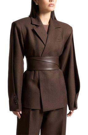 Mani&egrave;re De Voir Marie Twist Sleeve Tailored Blazer with Belt in Brown at Nordstrom, Size 12