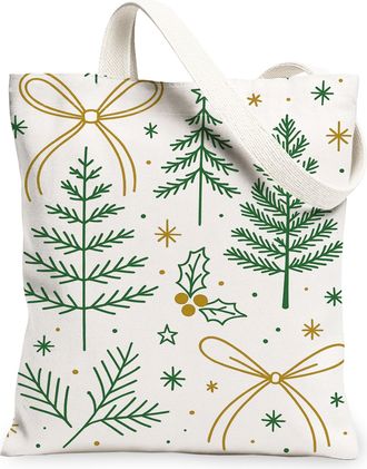 Generic Christmas Pine Canvas Tote Bags, Holiday Tree Bow Pattern Reusable Bags, Winter Rustic Lightweight Washable Shoulder Strap, White, 13x15 Inch
