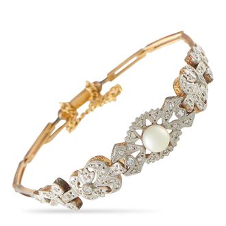 Luxury Bazaar 14K Yellow Gold 0.30ct Diamond Pearl Bracelet MF09-081226