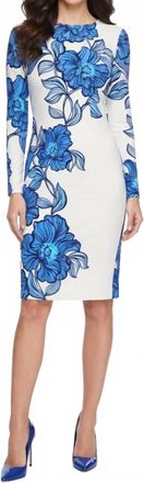 Maggy London Floral Print Long Sleeve Sheath Dress In White Navy