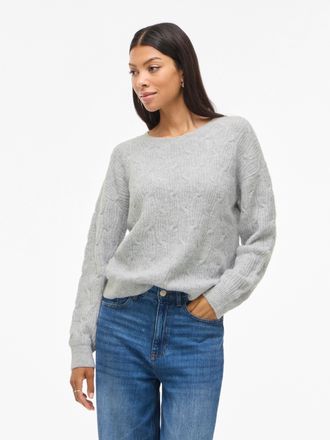 Vila Strickpullover VILA VILASSIA O-NECK L/S CABEL KNIT TOP -NOOS, Damen, Gr. XXL, grau (light grau melange), Strick, Obermaterial: 80% Polyester, 17% Poly
