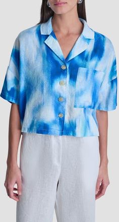 DKNY Cropped Linen Camp Shirt in Misted Surf at Nordstrom, Size X-Large