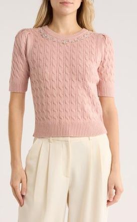 Elie Tahari Jeweled Short Sleeve Sweater in Pink Adobe at Nordstrom Rack, Size X-Large