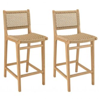 Macabane Set de 2 taburetes de bar de madera teca y rat&aacute;n sint&eacute;tico beige