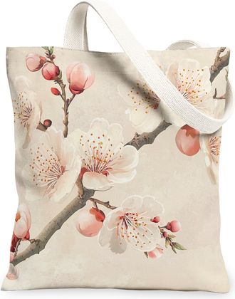 Generic Spring Plums Blossoms Flower Canvas Tote Bag for Shopping 13x15, Cute Watercoloer Floral Reusable Grocery Print Pattern Bag for Women, Garden Plant Be
