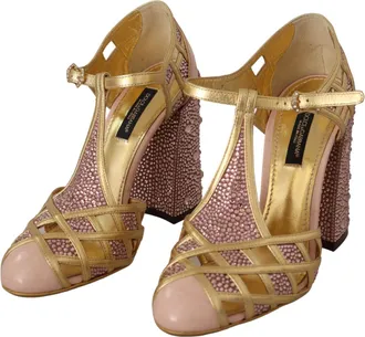 Dolce & Gabbana Pink Gold Leather Crystal Pumps T-strap Womens Shoes