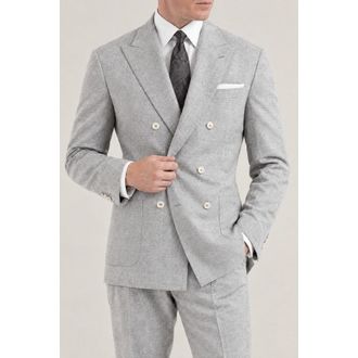 Brunello Cucinelli Mens Pearl Grey Wool Silk Double Breasted Suit, Size 48