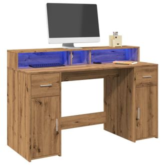 Berkfield Home Desk with LED Lights Artisian Oak 140x55x91 cm Engineered Wood in Brown | Size: 140 x 55 x 91 cm