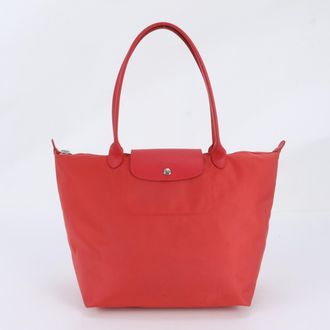 Longchamp Red Color Leather Nylon Handbag Shoulder Bag Tote Bag (Pre-Owned)