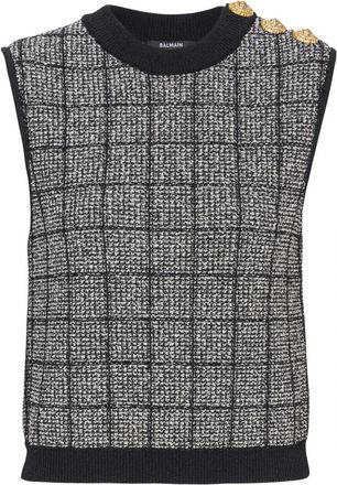 Balmain Tweed Crop Top met Knopen - Dames - Tops zonder mouwen - Zwart - M - Tweed - Tops