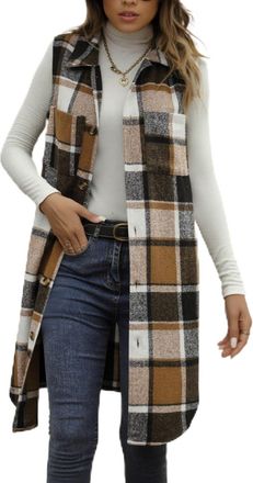 Generic Womens Wool Gilets - Plaid Long Vest, Sleeveless Button Down Lapel Coat, Ladies Elegant Waistcoat with Pockets, Windproof Fuzzy Winter Warm, Lightweig