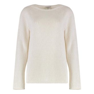 Max Mara Round-neck Knitwear, female, Beige, Size: L Ribbed Crew-neck Wool Sweater