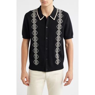 Wax London Tellaro Short Sleeve Retro Embroidered Shirt in Black /Ecru at Nordstrom, Size Xx-Large