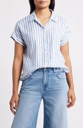Beach Lunch Lounge Kenzie Stripe Short Sleeve Button-Up Shirt in Slate Blue at Nordstrom, Size X-Small