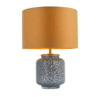 Loops Cobalt Glass Base Table Lamp Light & Gold Fabric Shade - Antique Brass Metalwork in Clear