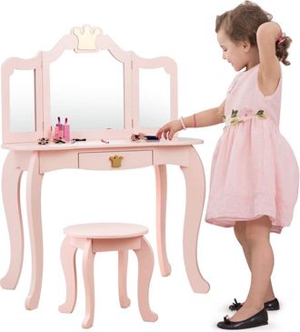 Costway Costway - Set Toeletta Trucco E Sedia Per Bambine - Smontabile Specchio E Cassetto, Toletta Trucco 2 In 1, 80 X 42 X 105 Cm, Rosa
