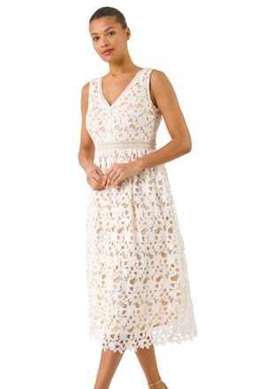 Roman Womens Lace Overlay V-Neck Midi Dress - Ivory - Size 12 UK